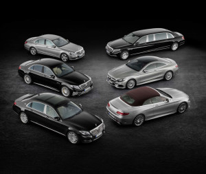 Mercedes-Benz S-Klasse Familie: S-Klasse mit normalen Radstand, S-Klasse AMG 63 langer Radstand, Mercedes-Maybach S-Klasse, Mercedes-Maybach S 600 Pullman, S-Klasse Coupé und S-Klasse Cabrio